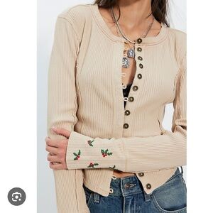 Free People Daria Mistletoes Embroidered Cuff Button-Front Cardigan Top XS